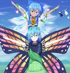  blue_background blue_bow blue_eyes blue_hair bow butterfly_wings cirno commentary_request crossover dark_skin dark_souls day dress eternity_larva flower green_skirt grin hair_bow highres kuroda_kuwa leaf looking_at_viewer multicolored multicolored_wings multiple_girls outstretched_arms praise_the_sun rumia short_hair signature skirt sky smile solaire_of_astora souls_(from_software) spread_arms sunflower tan tanned_cirno touhou wings yellow_eyes 