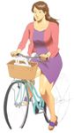  basket bicycle breasts brown_eyes brown_hair dress hair_ribbon jacket large_breasts liu_mei-xing long_hair mole nappii_(nappy_happy) nappy_happy pink_jacket purple_dress purse sandals side_slit simple_background sweater_jacket thick_thighs thighs white_background 