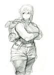  backpack bag belt breasts crossed_arms curvy greyscale highres hunter_rank_e large_breasts looking_to_the_side looking_up monochrome original pantyhose pouch short_hair shorts sketch sleeveless solo thick_thighs thighs 