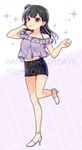  :p ankle_strap bangs belly_peek black_hair black_skirt character_name frills full_body hair_ornament hairpin hand_in_hair happy_birthday high_heels highres long_hair looking_at_viewer love_live! love_live!_sunshine!! miniskirt pencil_skirt purple_eyes purple_shirt shirt side_bun skirt smile solo sparkle standing standing_on_one_leg ton_tokoto tongue tongue_out tsushima_yoshiko typo 