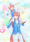  animal_ears bunny_ears cape carrying closed_eyes eliwood_(fire_emblem) father_and_son fire_emblem fire_emblem:_fuuin_no_tsurugi fire_emblem:_rekka_no_ken fire_emblem_heroes highres male_focus multiple_boys piggyback red_hair roy_(fire_emblem) short_hair smile younger zao_(subekan18) 