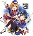  &gt;:) :d ;) ascot bad_feet bangs black_hair black_legwear boots brown_eyes brown_hair double-breasted earrings eyebrows_visible_through_hair finger_gun gloves happy_party_train hat highres jewelry kunikida_hanamaru long_hair long_sleeves looking_at_viewer love_live! love_live!_sunshine!! multiple_girls one_eye_closed open_mouth pantyhose pantyhose_under_shorts pendant purple_eyes shorts side_bun skirt sleeveless smile song_name ton_tokoto train_conductor tsushima_yoshiko uniform v-shaped_eyebrows w 