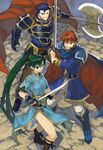  2boys armor blue_eyes blue_hair breasts cape dress earrings eliwood_(fire_emblem) fingerless_gloves fire_emblem fire_emblem:_rekka_no_ken gloves green_eyes green_hair hector_(fire_emblem) high_ponytail highres jewelry long_hair looking_at_viewer lyndis_(fire_emblem) medium_breasts multiple_boys open_mouth ponytail red_hair shino_(2919) short_hair smile sword very_long_hair weapon 