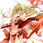  :d ahoge bangs bare_shoulders bikini blonde_hair blush breasts commentary_request cowboy_shot fate/grand_order fate_(series) green_eyes groin hair_intakes holding holding_sword holding_weapon large_breasts long_hair looking_at_viewer navel nero_claudius_(fate)_(all) nero_claudius_(swimsuit_caster)_(fate) open_mouth scrunchie shino_(eefy) side-tie_bikini smile solo stomach striped striped_bikini swimsuit sword twintails weapon white_scrunchie wrist_scrunchie 