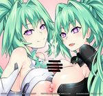  2girls bar_censor blush bodysuit breast_press breasts censored choujigen_game_neptune cleavage covered_nipples cum cum_on_body cum_on_upper_body dual_persona ejaculation ejaculation_between_breasts gloves green_hair green_heart heart heart-shaped_pupils hetero kami_jigen_game_neptune_v large_breasts long_hair looking_at_viewer multiple_girls multiple_paizuri neptune_(series) nipples open_mouth paizuri penis pink_background ponytail pov power_symbol purple_eyes sereneandsilent shiny shiny_hair shiny_skin solo_focus symbol-shaped_pupils symmetrical_docking tied_hair upper_body very_long_hair 