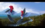  avian bird black_bars detailed_background duo feathered_wings feathers female feral flying grey_feathers hair kitchiki male red_hair river smile wings 