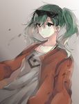  bangs closed_mouth collarbone commentary expressionless eyewear_on_head gradient gradient_background green_eyes green_hair grey_hair grey_shirt hair_between_eyes hatsune_miku jacket long_hair open_clothes open_jacket red_jacket shirt solo suna_no_wakusei_(vocaloid) sunglasses tsurime twintails umigumo_yuuna upper_body vocaloid 