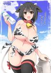  2017 :d animal_ears animal_print bell bell_collar bikini black_hair black_legwear blush bottle breasts brown_eyes cleavage cloud collar cow_bell cow_ears cow_girl cow_horns cow_print cow_tail dated day highres horns huge_breasts milk_bottle navel open_mouth original short_hair signature sky smile solo swimsuit tail thighhighs translation_request yoshikawa_hideaki 