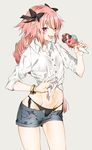  ;d androgynous astolfo_(fate) bangs bikini black_bow blue_shorts blush bow bracelet braid buttons clothes_pull collarbone collared_shirt commentary_request denim denim_shorts dress_shirt eyebrows_visible_through_hair eyelashes fang fate/apocrypha fate/grand_order fate_(series) fingernails food grey_background groin hair_between_eyes hair_intakes hair_ornament hair_ribbon hand_up holding holding_food ice_cream ice_cream_cone jewelry legs_apart long_hair looking_at_viewer male_focus midriff navel one_eye_closed open_fly open_mouth otoko_no_ko pink_hair pulled_by_self purple_eyes ribbon see-through shirt shirt_pull short_shorts shorts side-tie_bikini simple_background single_braid sino42 sleeves_past_elbows sleeves_pushed_up smile standing stomach swimsuit toned toned_male triple_scoop unbuttoned white_shirt wrist_straps 