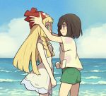  2girls arms_up bangs bare_shoulders beanie black_hair blonde_hair blue_sky blush braid closed_mouth cloud creatures_(company) day dress eye_contact face-to-face fingernails flat_chest floral_print from_side game_freak green_eyes green_shorts grey_eyes happy hat hat_switch lillie_(pokemon) long_hair looking_at_another mizuki_(pokemon) multiple_girls nintendo ocean poke_ball_theme pokemon pokemon_(game) pokemon_sm profile red_hat see-through shirt shiwo_(siwosi) short_hair short_shorts short_sleeves shorts sky sleeveless sleeveless_dress smile standing tied_hair tied_shirt twin_braids v_arms water white_dress yellow_shirt 
