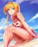  ahoge bare_shoulders beach bikini blonde_hair breasts cloud covered_nipples criss-cross_halter crossed_legs day fate/grand_order fate_(series) green_eyes hair_intakes halterneck highres horizon large_breasts nero_claudius_(fate)_(all) nero_claudius_(swimsuit_caster)_(fate) outdoors partially_submerged ryokucha_(i_cobalt) sand side-tie_bikini sitting sky smile striped striped_bikini swimsuit twintails water wet 