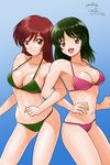  2girls bikini blue_background breasts brown_eyes brown_hair dated gradient gradient_background green_bikini green_hair locked_arms long_hair looking_at_viewer matsui_yasutsugu medium_breasts multiple_girls open_mouth original pink_bikini short_hair signature swimsuit 