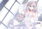  bare_shoulders blue_eyes blush bouquet breasts bridal_veil bride cleavage commentary_request dress elbow_gloves flower gloves hair_flower hair_ornament jewelry kantai_collection kashima_(kantai_collection) long_hair looking_at_viewer medium_breasts nagiha_kuten sidelocks silver_hair smile solo strapless strapless_dress tiara tsurime twintails veil wavy_hair wedding_dress white_dress white_gloves 