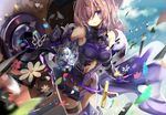  armor armored_dress armpits bare_shoulders blush breasts broken_armor bug butterfly commentary_request cowboy_shot elbow_gloves eyes_visible_through_hair fate/grand_order fate_(series) flower fou_(fate/grand_order) gloves hair_over_one_eye insect lavender_hair looking_at_viewer mash_kyrielight medium_breasts navel parted_lips purple_gloves shield shino_(eefy) short_hair smile torn_clothes vambraces 