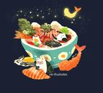  animated_gif artist_name bowl cat egg food glasses nadia_kim original reading red-framed_eyewear shrimp shrimp_tempura sky star star_(sky) starry_sky tempura 