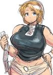  blonde_hair blue_eyes breasts curvy giantess ground_vehicle hand_on_hip hunter_rank_e large_breasts looking_at_viewer original parted_lips short_hair sketch sleeveless solo train wide_hips 