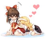  2girls :d ^_^ apron arm_on_head arm_up bare_arms barefoot blonde_hair blush bow braid breast_grab brown_hair chibi closed_eyes commentary fan full-face_blush grabbing hair_bow hair_tubes hakurei_reimu hand_under_clothes hand_under_shirt heart kirisame_marisa kneeling leaning_forward long_hair looking_at_another looking_back midriff multiple_girls navel necktie open_mouth paper_fan piyokichi ponytail puffy_short_sleeves puffy_sleeves red_eyes shadow shirt shirt_lift short_sleeves simple_background single_braid sitting skirt skirt_set sleeveless sleeveless_shirt smile sweatdrop touhou triangle_mouth uchiwa waist_apron wariza wavy_hair white_background yellow_neckwear yuri 