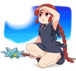  armpit_peek braid brown_eyes holding holding_staff kukuri legs mahoujin_guruguru om_(nk2007) panties panty_peek red_hair robe solo squatting staff sweat twin_braids underwear 