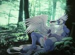 anal anal_penetration anthro avian bird blue_jay corvid cum cum_in_ass cum_inside duo erection forest french_kissing hooves hybrid kissing male male/male muscular nude outside patto penetration sex sitting size_difference tree 