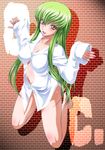  bare_legs barefoot blush breasts brick_wall c.c. character_name cleavage code_geass commentary_request dress_shirt green_hair hair_between_eyes hands_up highres kaname_aomame kneeling large_breasts long_hair looking_at_viewer navel no_bra no_pants open_clothes open_shirt shadow shirt sidelocks sleeves_past_wrists smile solo white_shirt yellow_eyes 