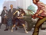  3boys bag blurry briefcase brown_eyes brown_hair car commentary_request concealed_weapon dagger duffel_bag formal ground_vehicle gun handgun holster kneehighs lifted_by_self motor_vehicle multiple_boys original pistol ponytail school_uniform serafuku shorts shorts_under_skirt skirt skirt_lift suit tessaku_ro weapon white_legwear 