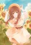  :d blue_sky blush bracelet braid brown_eyes brown_hair cloud commentary_request cowboy_shot day dress flower hair_ribbon hands_on_headwear hat jewelry long_hair looking_at_viewer millcutto open_mouth original red_ribbon ribbon sky smile solo sun_hat sundress sunflower tress_ribbon twin_braids yellow_dress 