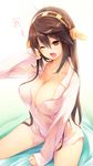  ahoge arm_up bangs bed between_legs breasts brown_eyes brown_hair cleavage collarbone dress_shirt eyebrows_visible_through_hair hair_between_eyes hairband hand_between_legs haruna_(kantai_collection) highres ichikawa_noa kantai_collection large_breasts long_hair naked_shirt one_eye_closed open_mouth shirt sidelocks sleeves_past_wrists solo thighs waking_up yawning 