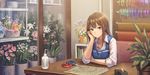  anbe_yoshirou apron arm_support blush brown_hair commentary_request flower flower_shop green_eyes highres idolmaster idolmaster_cinderella_girls jewelry long_hair looking_at_viewer necklace newspaper scissors shibuya_rin shop solo table 