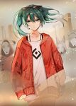  bangs closed_mouth commentary cowboy_shot dust earrings eyebrows_visible_through_hair eyewear_on_head green_eyes green_hair hair_between_eyes hatsune_miku highres hoop_earrings jacket jewelry long_hair looking_at_viewer mask naru_(ul) outdoors red_jacket shirt sleeves_past_wrists solo spaghetti_strap standing suna_no_wakusei_(vocaloid) sunglasses tsurime twintails vocaloid walking white_shirt 