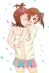  :d ^_^ bare_arms bare_shoulders breast_press brown_eyes brown_hair closed_eyes commentary_request conjoined futami_ami futami_mami highres idolmaster idolmaster_(classic) meme_attire multiple_girls open-chest_sweater open_mouth ribbed_sweater shared_clothes shared_sweater short_hair siblings side_ponytail skirt smile sweater symmetrical_docking thighhighs twins usayamada 