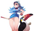  blue_eyes blue_hair breasts elite_four gen_7_pokemon golf_club kahili_(pokemon) mole mole_under_eye p_(exuw7334) panties pantyshot pantyshot_(standing) poke_ball pokemon pokemon_(creature) pokemon_(game) pokemon_sm short_sleeves simple_background skirt standing striped striped_panties toucannon underwear visor_cap white_background 