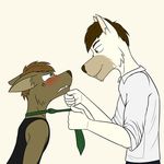  anthro blush canine clothing dog duo embarrassed eye_contact fangs fuze male male/male mammal markings necktie pull suit 