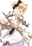  :d ahoge armor armored_dress artoria_pendragon_(all) black_bow blonde_hair bow detached_sleeves dress fate_(series) gauntlets green_eyes hair_ribbon holding holding_sword holding_weapon huyumitsu long_hair open_mouth ponytail ribbon saber_lily smile solo standing sword weapon white_dress 