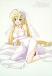  1girl ahoge bare_shoulders blonde_hair breast_hold breasts bridal_veil bride cleavage collarbone dress drill_hair flower gloves hayate_no_gotoku! highres large_breasts legs long_hair open_mouth red_eyes solo tennousu_athena thighs veil wedding_dress 