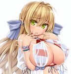  ahoge asamura_hiori blonde_hair bracelet braid breasts cleavage earrings eyebrows_visible_through_hair fate/grand_order fate_(series) front-tie_top green_eyes hair_between_eyes hair_intakes hair_ribbon half_updo hand_to_own_mouth highres huge_breasts jewelry long_hair looking_at_viewer md5_mismatch nero_claudius_(fate)_(all) nero_claudius_(swimsuit_caster)_(fate) parted_lips ribbon simple_background solo strap_slip upper_body white_background 