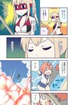  /\/\/\ 2girls :d comic explosion eyepatch food fruit graf_zeppelin_(kantai_collection) harunatsu_akito highres i-58_(kantai_collection) kantai_collection multiple_girls o_o open_mouth smile spoken_interrobang swimsuit torpedo translated watermelon 