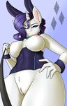  2017 absurd_res anthro anthrofied blue_eyes breasts captainpudgemuffin clothing equine female friendship_is_magic gradient_background hair hi_res horn leash looking_at_viewer mammal my_little_pony nipples purple_hair pussy rarity_(mlp) simple_background solo unicorn 