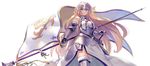  armor armored_dress bangs bare_shoulders black_legwear blonde_hair blue_eyes breasts chain closed_mouth commentary cowboy_shot fate/apocrypha fate_(series) faulds flag fur_trim gauntlets greaves headpiece highres jeanne_d'arc_(fate) jeanne_d'arc_(fate)_(all) long_hair medium_breasts shirabi sideboob smile solo standard_bearer thighhighs thighhighs_under_boots very_long_hair 