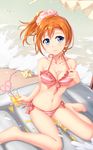  alternate_hairstyle bangs barefoot beach bendy_straw between_breasts bikini blue_eyes breasts crazy_straw drink drinking_straw frilled_bikini_top frills front-tie_top halterneck highres ice ice_cube inflatable_raft kousaka_honoka looking_at_viewer love_live! love_live!_school_idol_project medium_breasts orange_hair pink_bikini pink_scrunchie ponytail scrunchie shell short_hair short_ponytail side-tie_bikini sitting smile spill striped striped_bikini swimsuit tucana wariza 