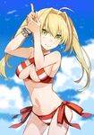  ahoge bangs bare_arms bare_shoulders bikini blonde_hair blue_sky bracelet breasts cleavage cloud cloudy_sky collarbone commentary_request cowboy_shot criss-cross_halter day earrings eyebrows_visible_through_hair eyelashes fate/extra fate/grand_order fate_(series) finger_gun glint green_eyes groin hair_between_eyes hair_intakes halter_top halterneck hands_up highres jewelry large_breasts lips long_hair looking_at_viewer medium_breasts navel nero_claudius_(fate)_(all) nero_claudius_(swimsuit_caster)_(fate) outdoors sakino_saku side-tie_bikini sidelocks sky solo standing stomach striped striped_bikini swimsuit twintails underboob 