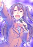  blazer bow brown_eyes brown_hair crying crying_with_eyes_open half_updo idolmaster idolmaster_cinderella_girls jacket long_hair microphone one_side_up open_mouth seven_star shimamura_uzuki smile solo tears 