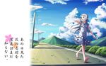  ano_hi_mita_hana_no_namae_wo_bokutachi_wa_mada_shiranai. barefoot blue_eyes blue_ribbon blush cloud copyright_name dandelion day dress eyebrows_visible_through_hair flower holding holding_flower honma_meiko long_hair looking_at_viewer nagi_(1261380) official_style open_mouth outdoors power_lines ribbon road silver_hair sky smile solo white_dress 