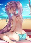  :3 ass back bare_legs barefoot beach blue_panties blue_sky blush breasts butt_crack cloud covering covering_breasts day euryale fate/grand_order fate_(series) flower from_side hair_flower hair_ornament long_hair looking_at_viewer looking_to_the_side ocean outdoors panties purple_eyes purple_hair sand sidelocks sitting sky small_breasts smile solo suzune_rena topless twintails underwear very_long_hair wariza 