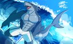  2017 abs anthro biceps blue_eyes bulge claws clothed clothing crouching digital_media_(artwork) fish gills happy male marine muscular open_mouth pecs qundium scenery shark sharp_teeth shorts smile solo standing surfboard surfing teeth tongue topless triceps water 