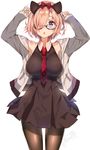  :o animal_ears arms_up bangs bare_shoulders blush bow breasts brown_legwear cat_ears chestnut_mouth commentary_request cowboy_shot dress fake_animal_ears fate/grand_order fate_(series) fingernails glasses hair_bow hair_over_one_eye harunoibuki jacket large_breasts long_sleeves looking_at_viewer mash_kyrielight necktie off_shoulder open_clothes open_jacket open_mouth pantyhose pink_hair purple_eyes red_bow red_neckwear semi-rimless_eyewear short_dress short_hair signature simple_background sleeveless sleeveless_dress solo standing white_background 