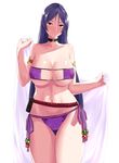  armlet bangs bare_arms bare_shoulders beads belt_pouch bikini blush breasts cameltoe choker cleavage collarbone covered_nipples cowboy_shot eyepatch_bikini fate/grand_order fate_(series) groin hands_up highres holding large_breasts long_hair looking_at_viewer minamoto_no_raikou_(fate/grand_order) minamoto_no_raikou_(swimsuit_lancer)_(fate) navel parted_bangs pouch purple_bikini purple_eyes purple_hair rafu_(motrer1) sash shiny shiny_skin side-tie_bikini simple_background smile solo standing strap_gap strapless strapless_bikini string_bikini swimsuit thigh_gap underboob very_long_hair white_background 