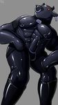  2017 anthro balls bodysuit bovine cattle clothed clothing cum digital_media_(artwork) erection humanoid_penis male mammal penis piercing qundium red_eyes rubber rubber_suit simple_background skinsuit solo standing suit tight_clothing 