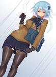  bag blue_hair breasts cardigan elbow_gloves gloves highres kyuusui_gakari medium_breasts original plaid plaid_skirt pleated_skirt purple_eyes school_bag school_uniform serafuku shoulder_bag skirt solo thighhighs 