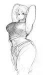  armpits arms_behind_head breasts curvy greyscale highres hunter_rank_e large_breasts looking_at_viewer midriff monochrome original short_hair short_shorts shorts sleeveless solo tank_top thick_thighs thighs 