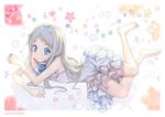  ano_hi_mita_hana_no_namae_wo_bokutachi_wa_mada_shiranai. barefoot blue_eyes blue_ribbon blush dress flower honma_meiko long_hair looking_at_viewer lying on_side qisu ribbon silver_hair sleeveless smile solo water_drop white_dress 